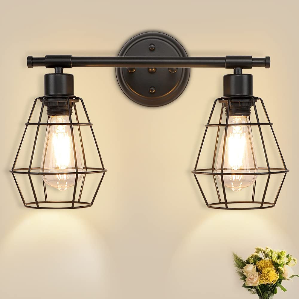 2-Light Industrial Bathroom Vanity Light, Farmhouse Metal Cage Wall Sconces, Rustic Matte Black Wall Mount Light Fixtures, Porch Wall Lamps for Living Room, Mirror Cabinets, Bedroom, E26 Base