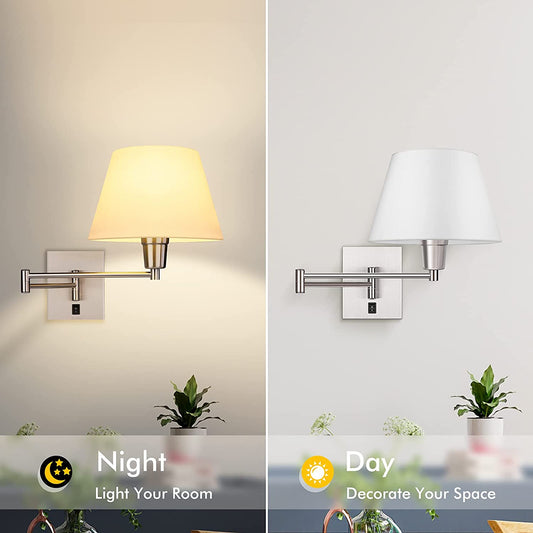 Swing Arm Wall Sconces Set of 2, Indoor Plug in Wall Lamp with White Fabric Shade Hardwired Wall Light Fixture with E26 Base Decor for Bedroom Living Room Porch Hallway Office