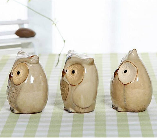 ® Set of 3 Pcs - Small Wise Owls Figurine House Warming Gift Tabletop Shelf Ceramic Home Decorative Collectible Figurine Statues (Beige (Set of 3 Pcs))