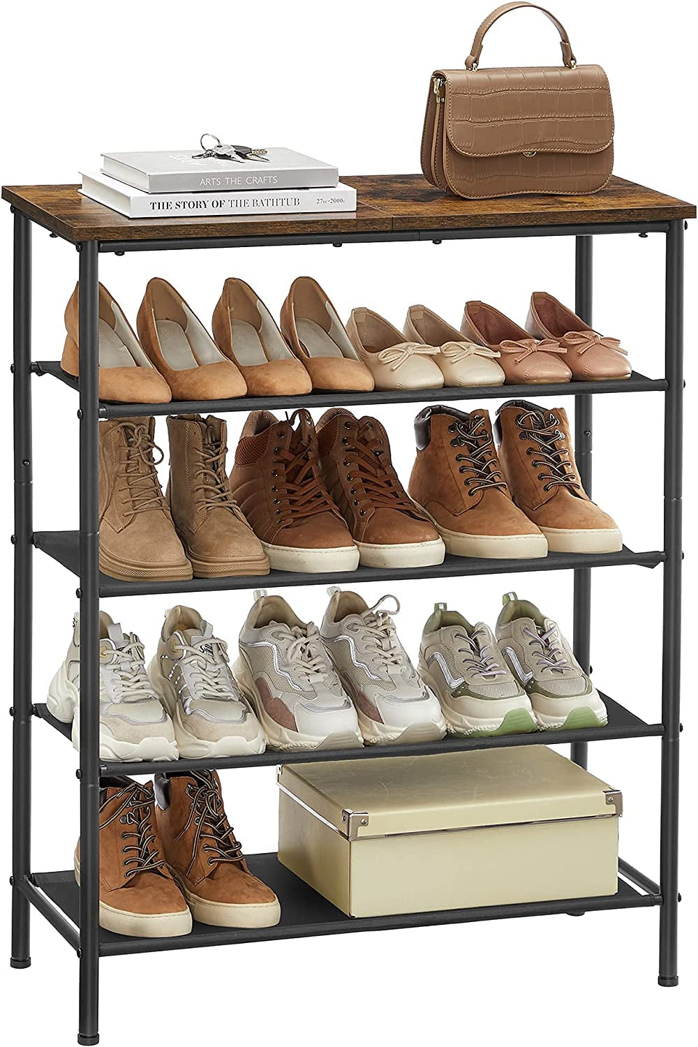 Shoe Rack 5 Tier, Narrow Shoe Organizer for Closet Entryway, with 4 Fabric Shelves and Top for Bags, Shoe Shelf, Steel Frame, Industrial, Rustic Brown and Black ULBS036B01