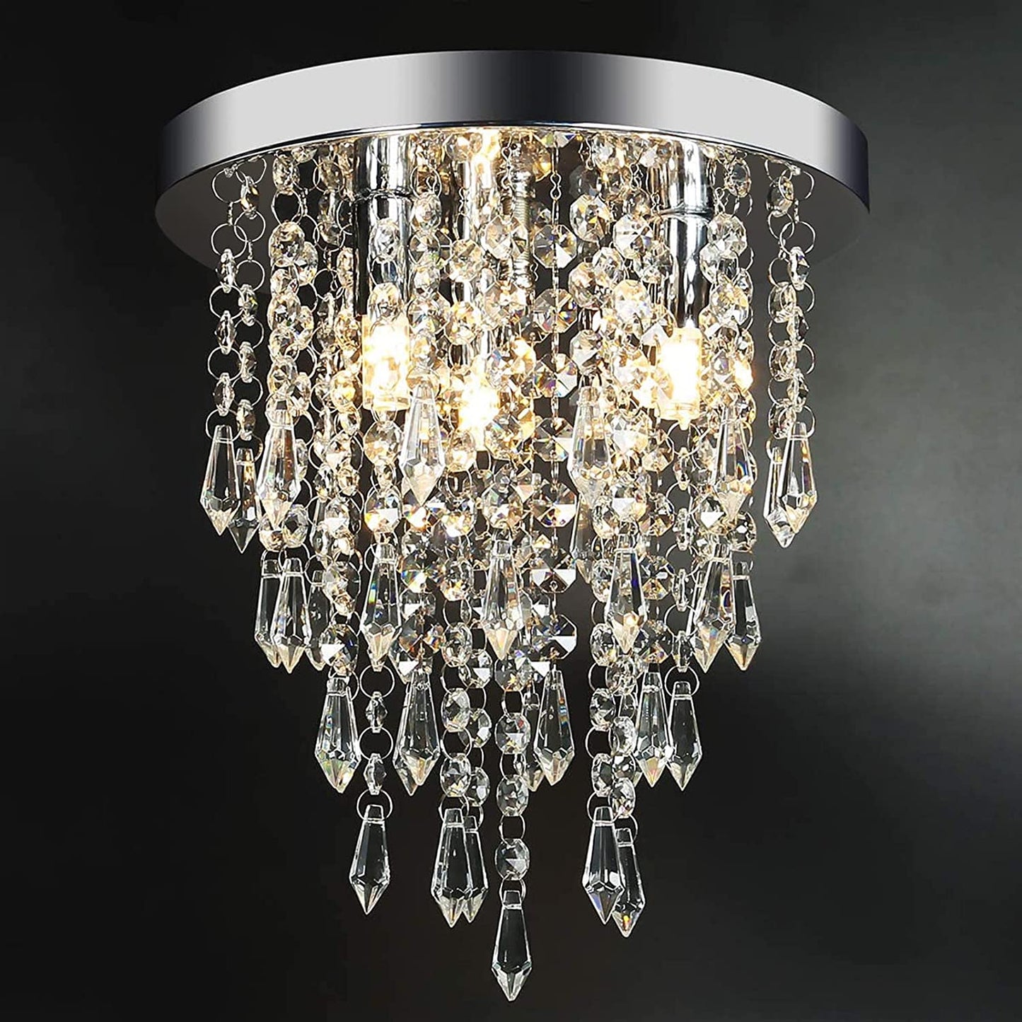 3 Lights Mini Crystal Flushmount Chandelier Fixture, Crystal Ceiling Lamp, H10.4" X W9.8", Elegant Modern Flush Mount Ceiling Light for Bedroom, Hallway, Bar, Living Room, Dining Room, Chrome(G9 Base)