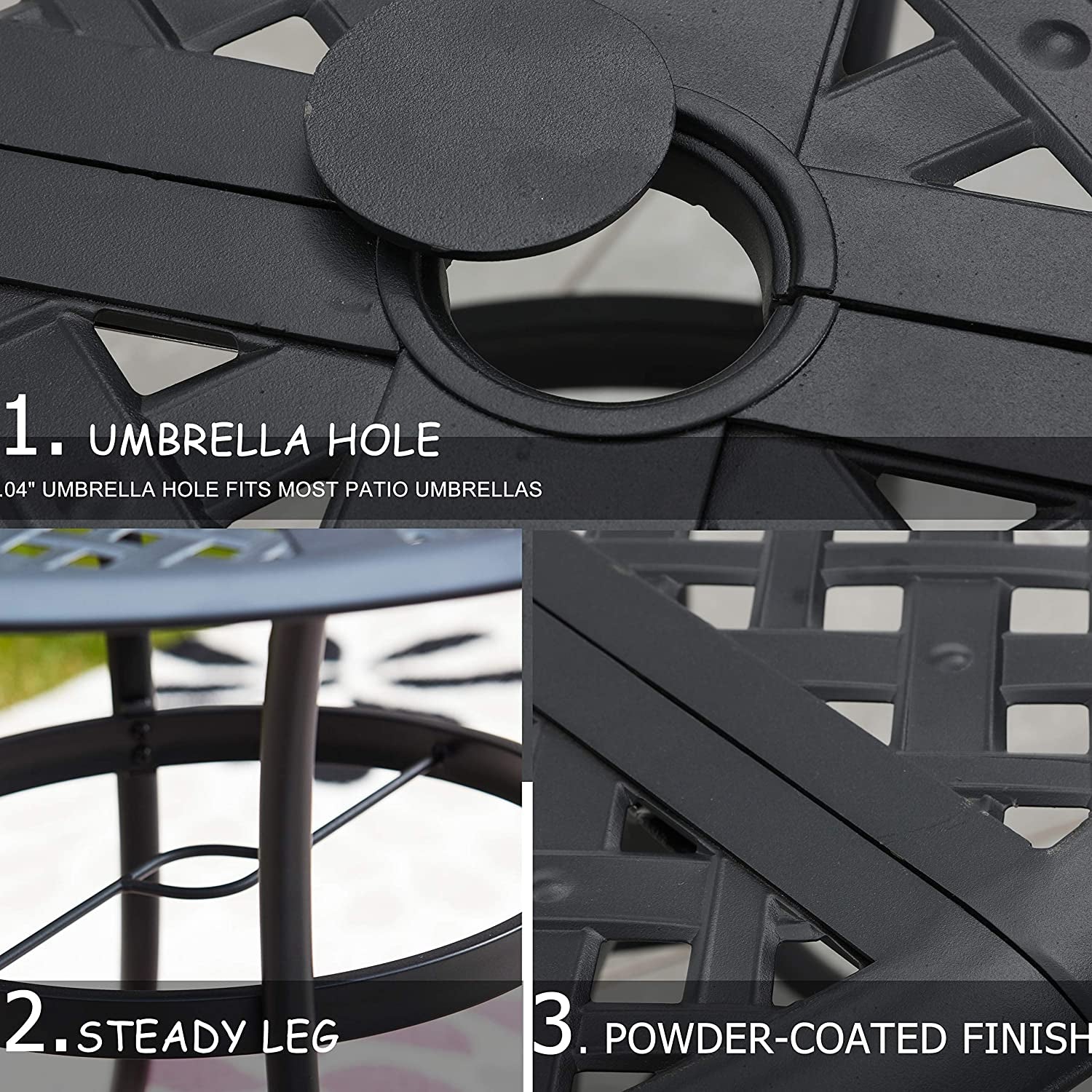 42.1" Outdoor round Cast Wrought Iron Patio Metal Dining Table with Umbrella Hole, Steel Frame for Backyard Lawn Balcony Deck, Black