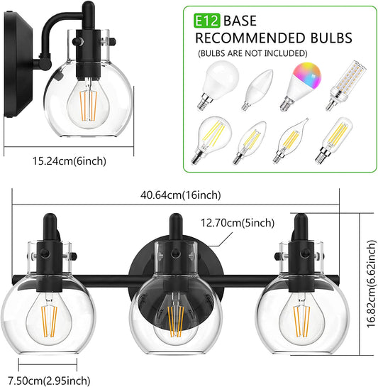 Bathroom Vanity Light Fixtures, Modern 3 Lights Wall Sconce Lighting Matte Black, Farmhouse Metal Wall Lamp with Globe Glass Shade, Porch Wall Mount Light Fixture for Mirror Cabinets Hallway Stairs