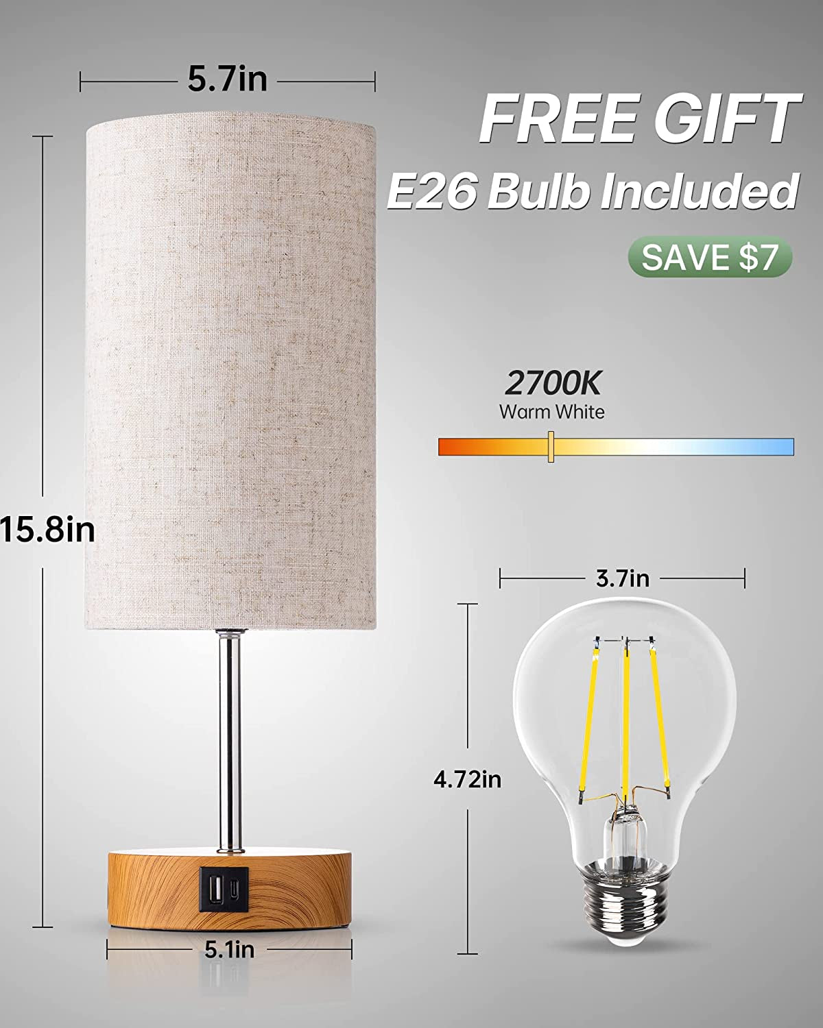 【Upgraded】 Bedside Lamp Touch Control Table Lamp with USB A+C Charging Ports & AC Outlet 3-Way Dimmable Nightstand Lamp with Linen Fabric Shade for Bedroom Living Room(E26 Light Bulb Included)