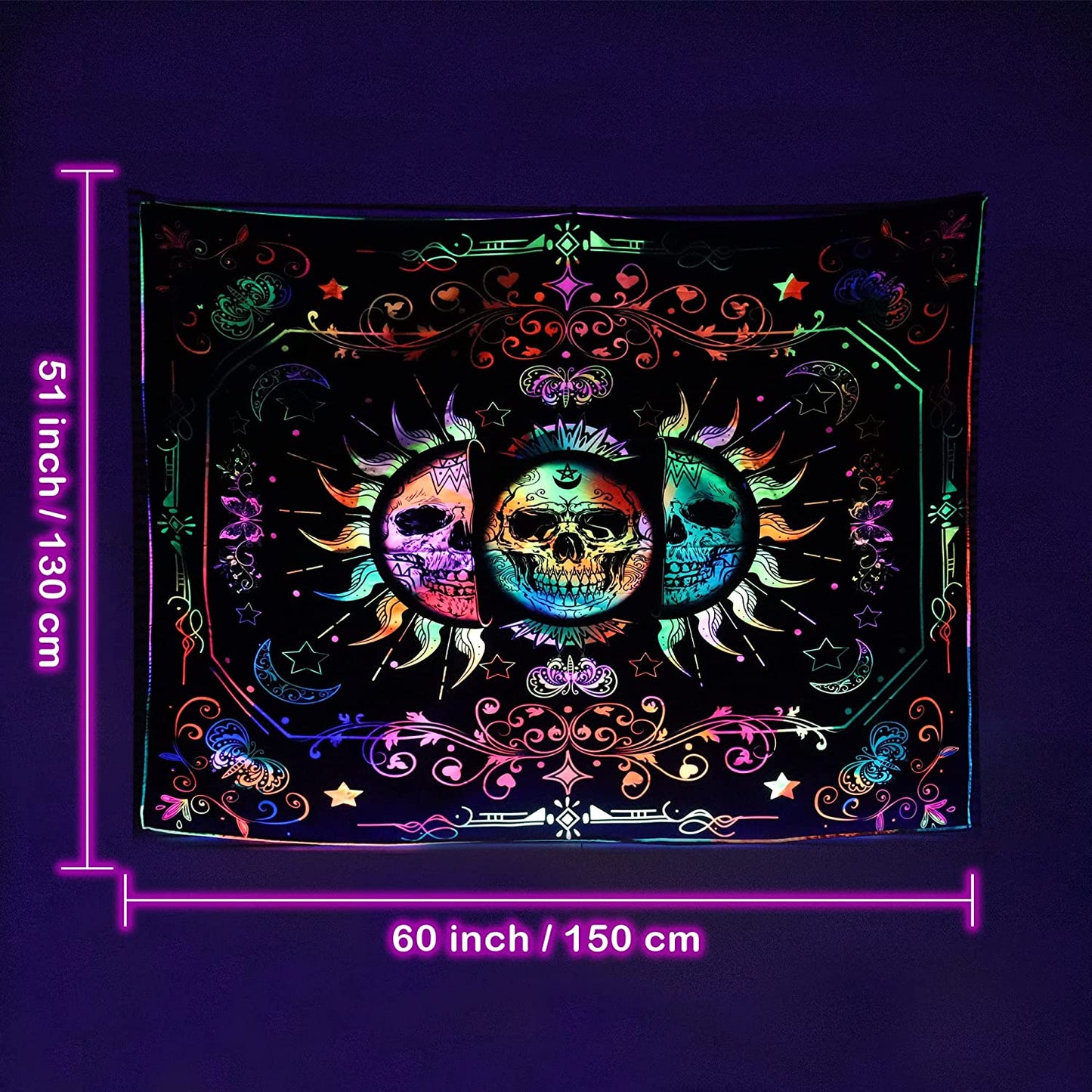 Tapestry Blacklight Tapestry Sun and Moon Tapestry UV Reactive Skull Tapestries Tirppy Wall Hanging Psychedelic Black Light Skeleton Tapestry for Bedroom Aesthetics Party Decor Poster 60X51 Inch