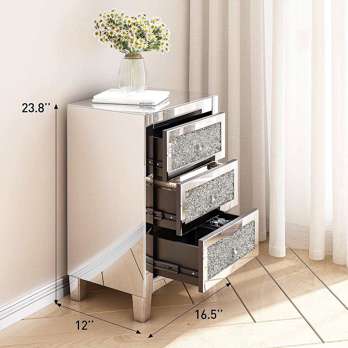 Mirrored Nightstand Crystal Mirror End Table with 3 Drawers Mirror Bedside Table Silver Nightstand for Living Room Bedroom Sofa Couch, No Need Assemble