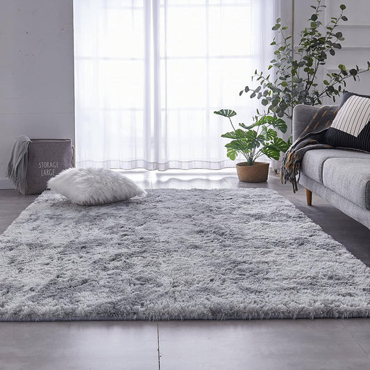 Shag Area Rug, 5X7 Ft Tie-Dyed Light Grey Upgrade Anti-Skid Durable Rectangular Cozy Rug, High Pile Soft Throw Rug for Nursery Room Living Room