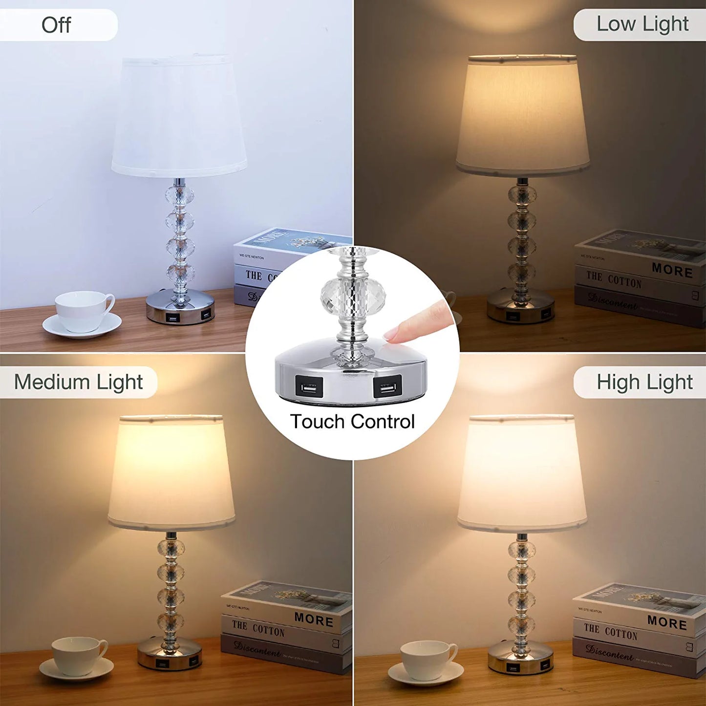 3-Way Dimmable USB Crystal Table Lamp, 17 Inch Touch Crystal Lamp Set of 2 , Exquisite Decorative Bedside Lamps Set of 2 for Bedroom, Living Room, Nightstand (Warm White Light Bulb Included)