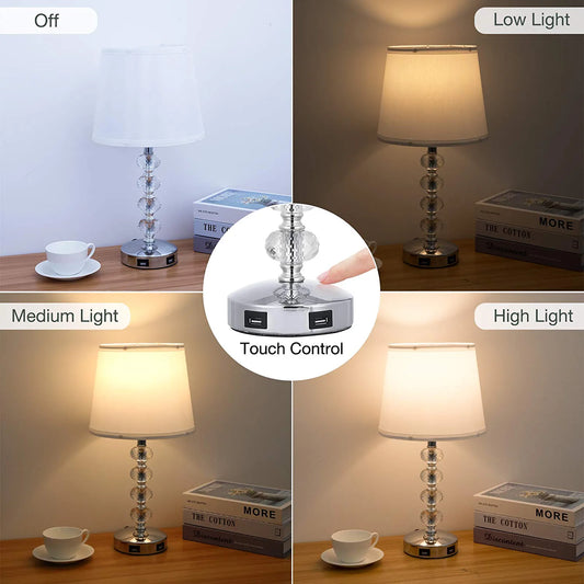 3-Way Dimmable USB Crystal Table Lamp, 17 Inch Touch Crystal Lamp Set of 2 , Exquisite Decorative Bedside Lamps Set of 2 for Bedroom, Living Room, Nightstand (Warm White Light Bulb Included)