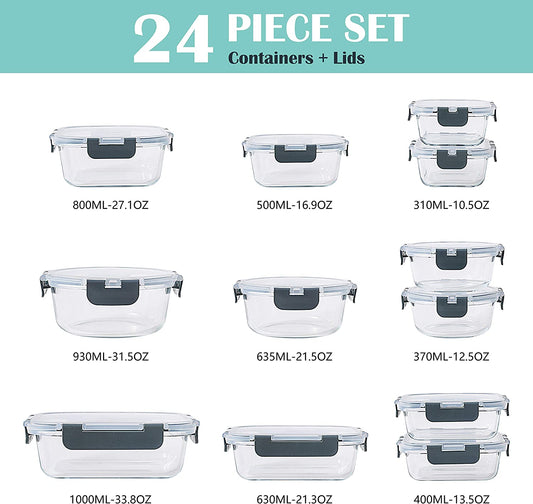 24-Piece Glass Food Storage Containers Set with Lids - Airtight Leak Proof Glass Meal Prep Containers, BPA Free Bento Lunch Boxes, Freezer/Oven/Dishwasher Safe(12 Lids & 12 Containers)