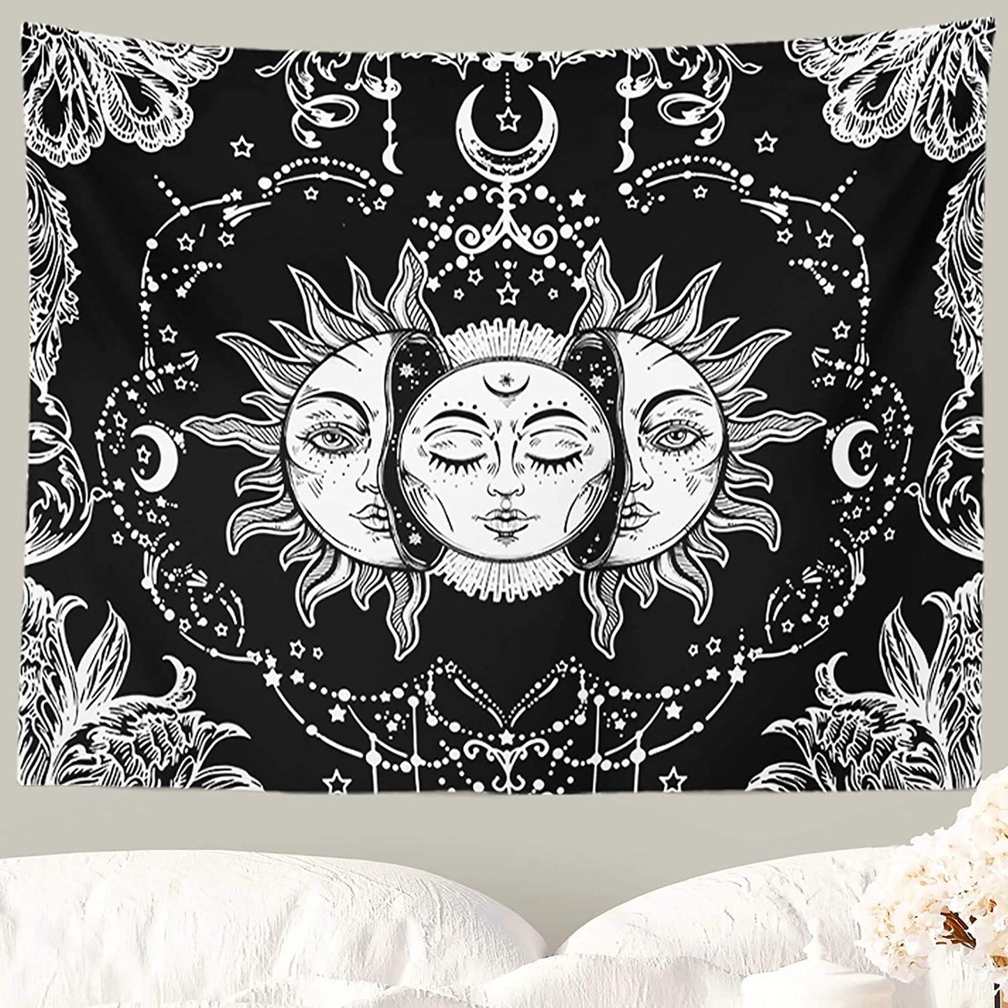 Sun and Moon Tapestry, Black and White Tapestries Mystic Burning Sun with Star Wall Hanging Decor for Bedroom (59" W X 51" L)