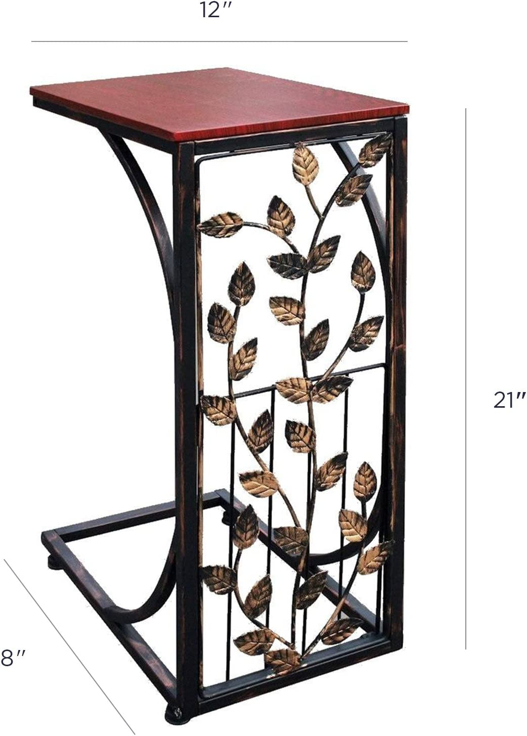 Sofa Side and End Table, Small - Metal, Dark Brown Wood Top with Leaf Design - Perfect for Your Living Room, Slides up to Sofa / Chair / Recliner - Keep Snacks, Drinks Books & Phone at Easy Reach