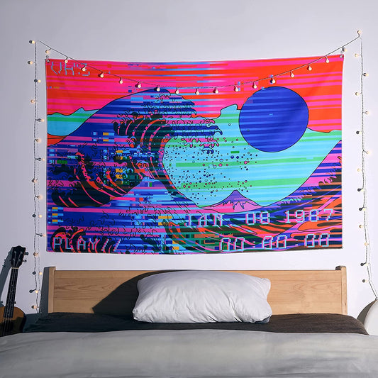 Blacklight Tapestry UV Reactive Trippy Neon the Great Wave Game Retro Vaporwave Tapestry Black Light Room Decor Glow in the Dark Tapestry for Bedroom Aesthetic Gaming Room Dorm Y2K Indie Room Décor