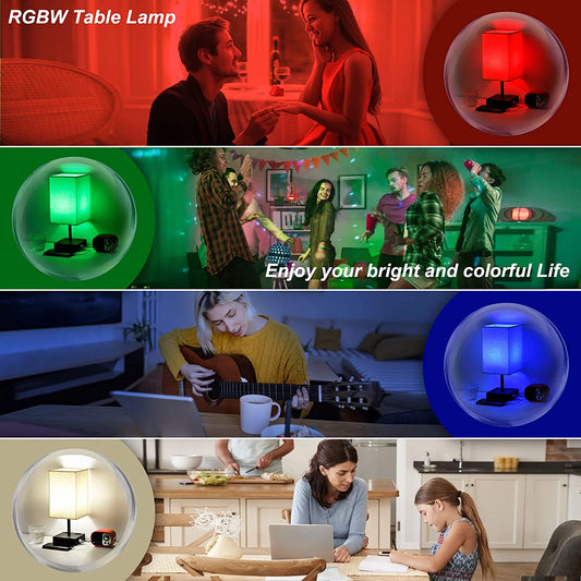 Bedside Lamp with 4 Colors Red, Green, Blue, and 5000K White, RGBW Stepless Dimmable Touch Lamp for Bedroom, Table Lamp with USB Port and AC Outlet, Small Nightstand Lamp for Dorm, Kid'S Room