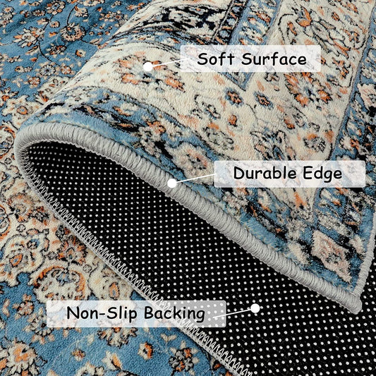 Oriental Floral Medallion Area Rug - 3X5 Blue Persian Distressed Entry Throw Rug Vintage Faux Wool Indoor Accent Rug Non-Slip Washable Low-Pile Carpet for Entrance Living Dining Room Bedroom