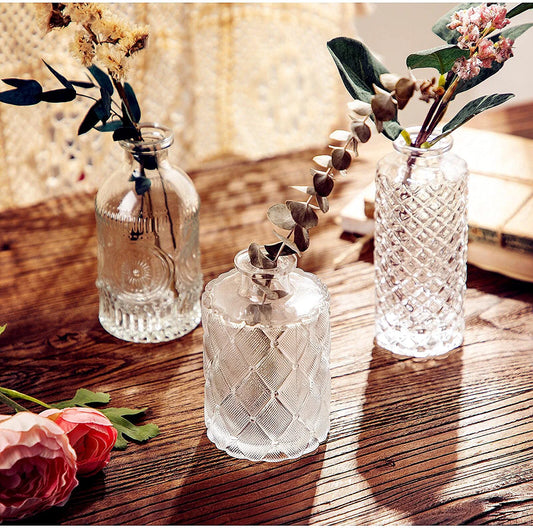Glass Bud Vase Set of 3, Small Flower Vases for Decorative, Gradient Glass and Embossed Style Mini Glass Bottles for Home Decor, Vintage Glass Bottles for Centerpiece 3.3"-5.2''H. (Clear)