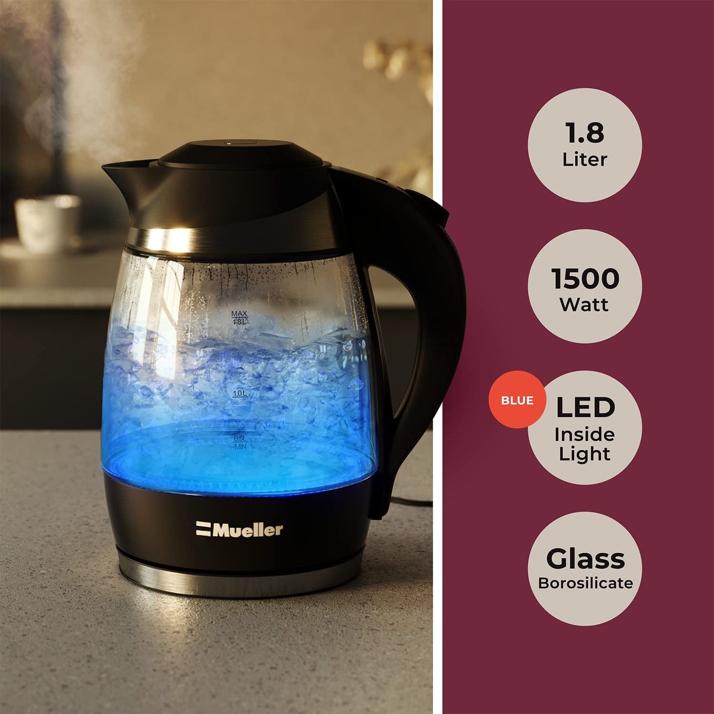 Mueller Ultra Kettle: Model No. M99S 1500W Electric Kettle with Speedboil Tech, 1.8 Liter Cordless with LED Light, Borosilicate Glass, Auto Shut-Off and Boil-Dry Protection