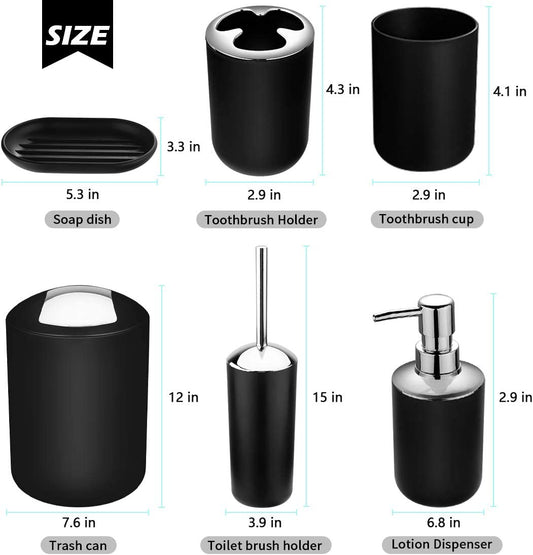 Bathroom Accessories Set-6 Piece Plastic Gift Set Toothbrush Holder,Toothbrush Cup,Soap Dispenser,Soap Dish,Toilet Brush Holder,Trash Can,Tumbler Straw Set Bathroom (Black)
