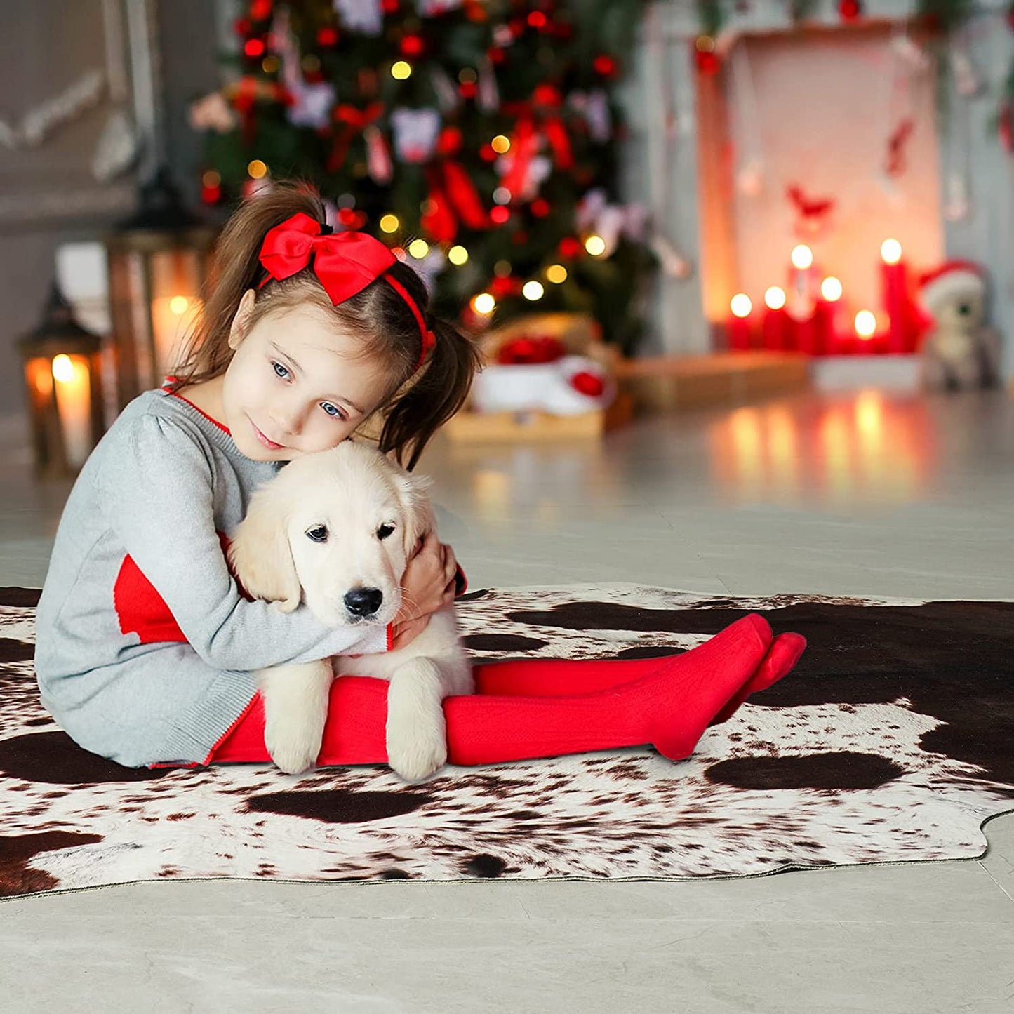 Cowhide Rug Faux Cow Print Area Rug for Bedroom, Faux Fur Animal Rug Cow Rugs for Living Room Non-Slip Cow Hide Carpet for Western Room Decor, White and Brown, 2.3Ft X 3.6Ft