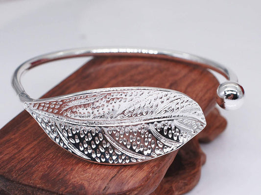 925 Sterling Silver Leaf Charm Bracelets & Bangles for Women Wedding Women Bracelet Vintage Style Adjustable Leaf Feather Bangle