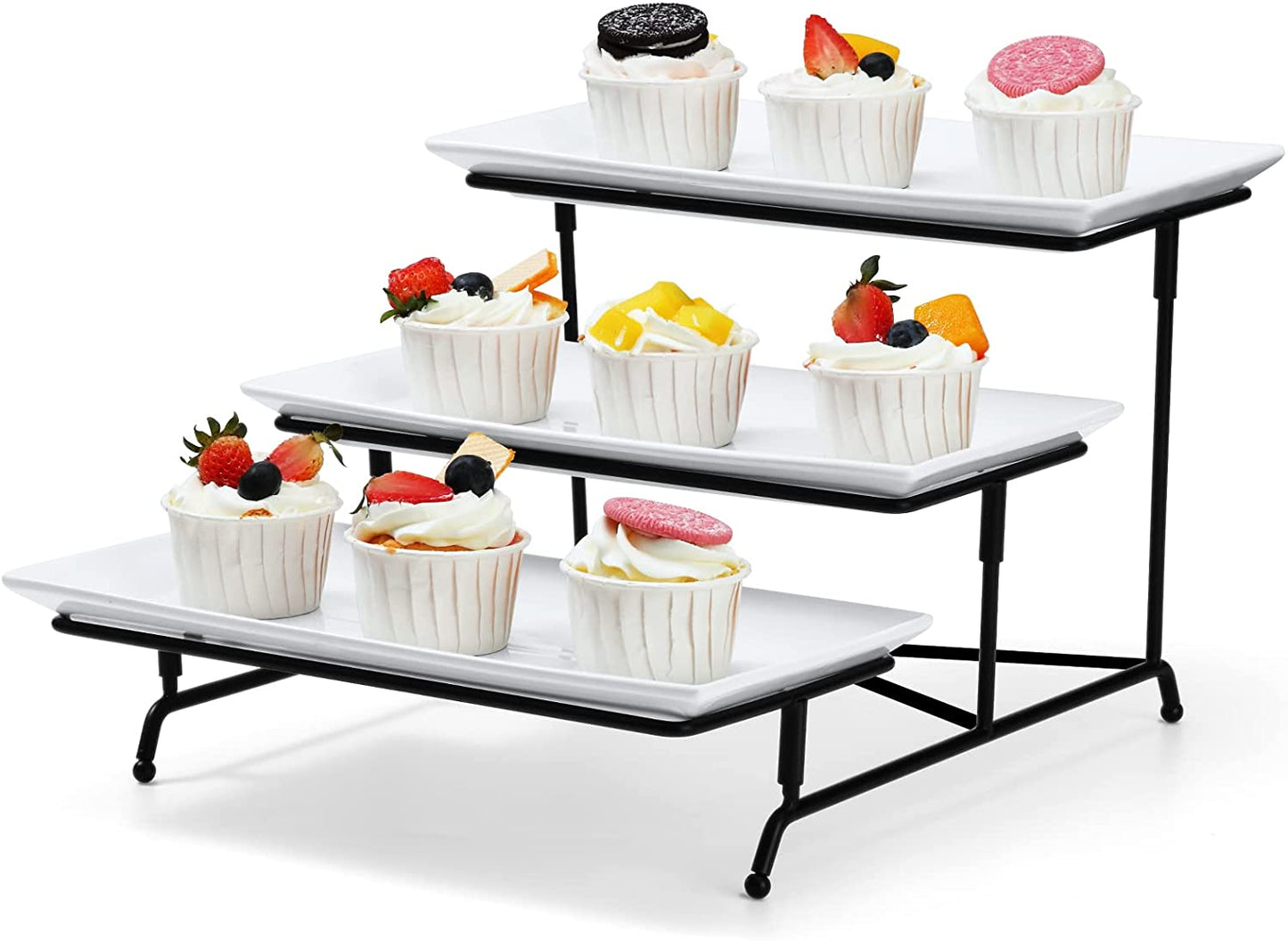 3 Tier Serving Tray Set 12 Inch Porcelain Tiered Serving Trays Platters, Collapsible Sturdier Stand with Stable Cross Bars, Three Layer Serving for Party Entertaining Food Display Fruit Dessert