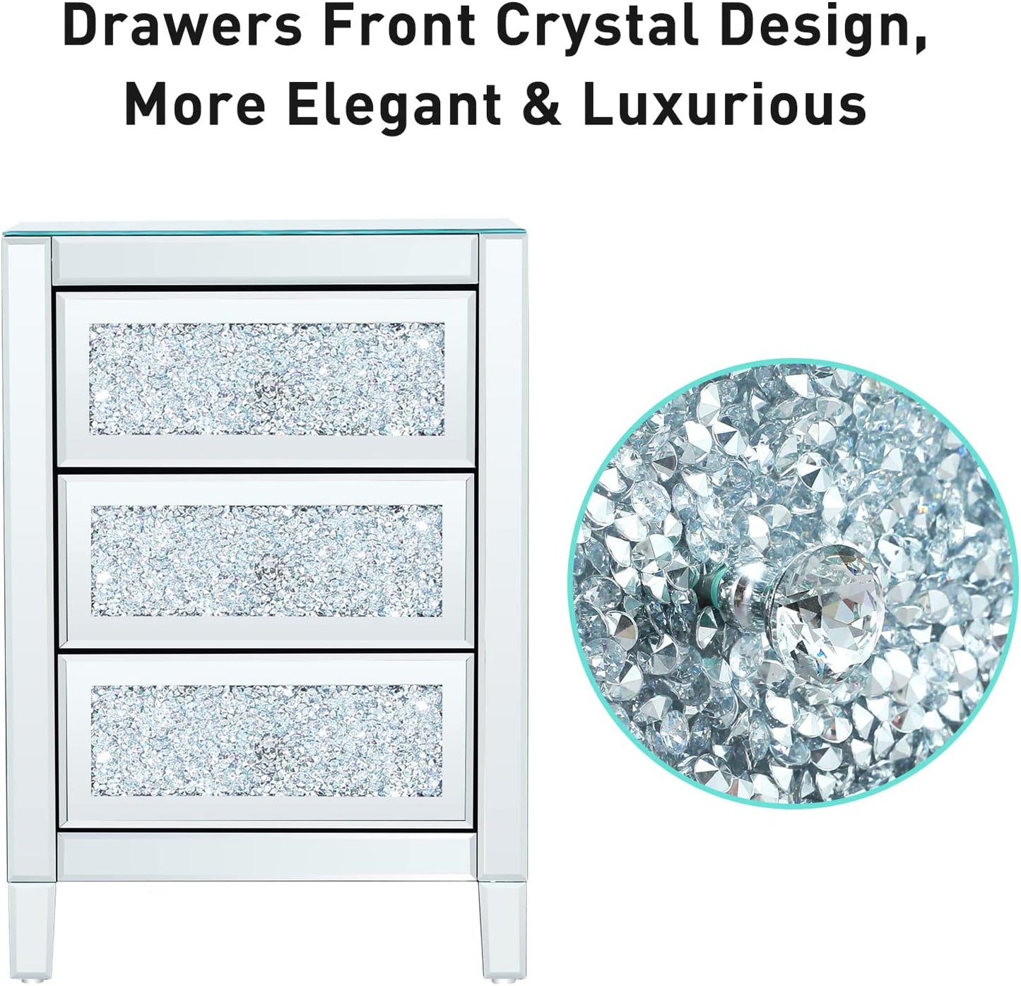Mirrored Nightstand Crystal Mirror End Table with 3 Drawers Mirror Bedside Table Silver Nightstand for Living Room Bedroom Sofa Couch, No Need Assemble