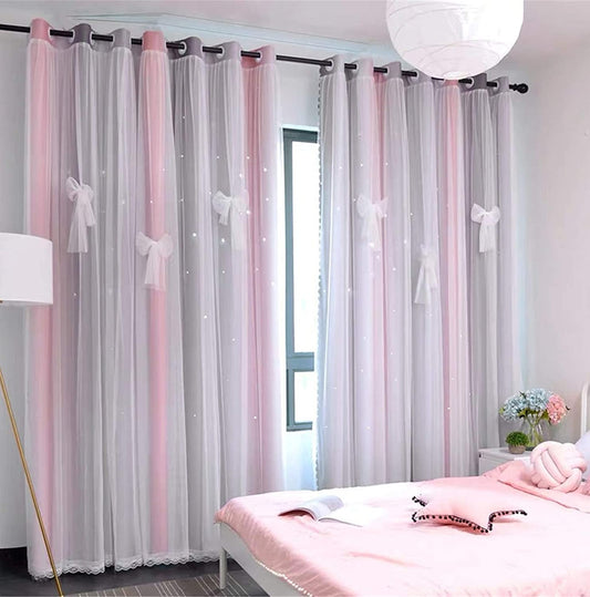 Curtains for Girls Bedroom Kids Curtain Hollow-Out Star Window Nursery Curtain 63 Inches Length Room Darkening Grommet 2 Layers (Pink Grey, W52 X L63)