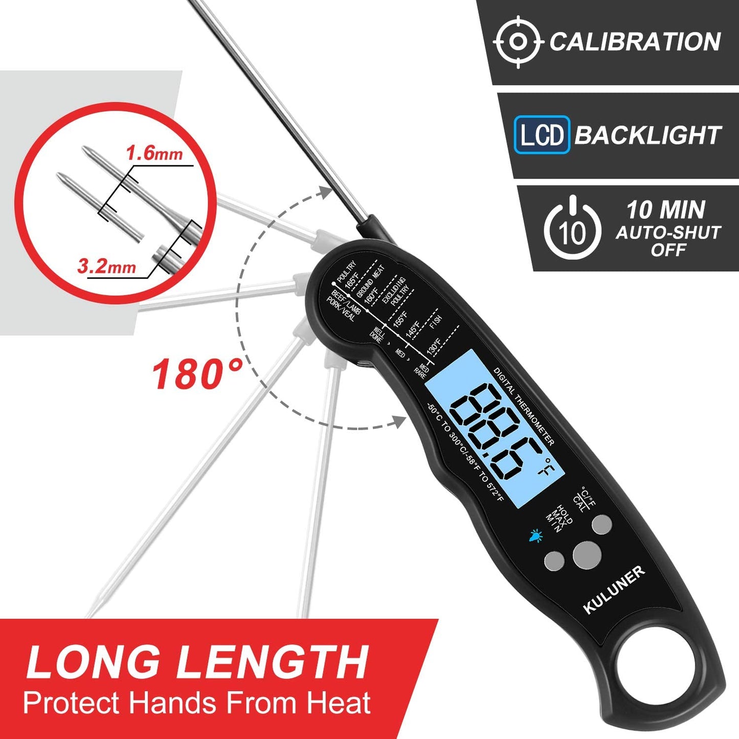 TP-01 Waterproof Digital Instant Read Meat Thermometer with 4.6” Folding Probe Backlight & Calibration Function for Cooking Food Candy, BBQ Grill, Liquids,Beef(Black)