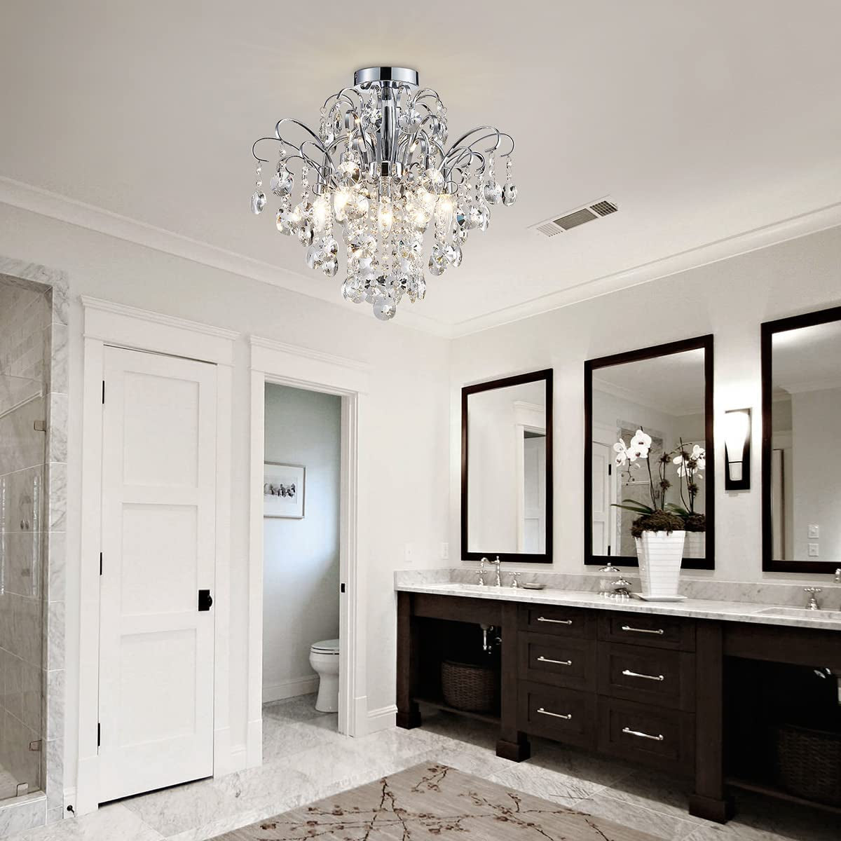 Crystal Chandelier Flushmount Ceiling Light Modern Lighting Fixture for Bedroom Hallway Bar Kitchen Bathroom, H 17.5'' X W 19.3'', E12 Base, Chrome