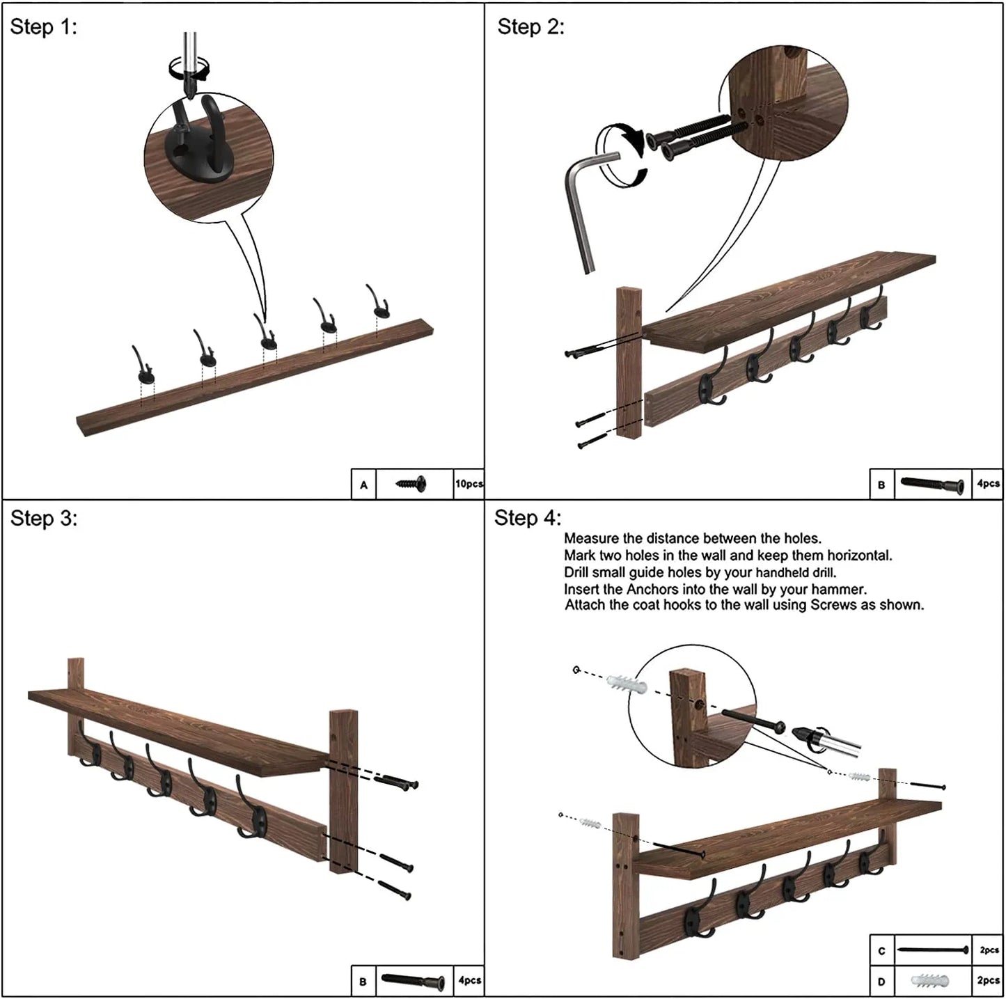 Wall Hooks with Shelf 28.9 Inch Length Entryway Wall Hanging Shelf Wood Coat Hooks for Wall with Shelf Wall-Mounted Coat Hook Rack with 5 Dual Hooks for Bathroom, Living Room, Bedroom (Brown )