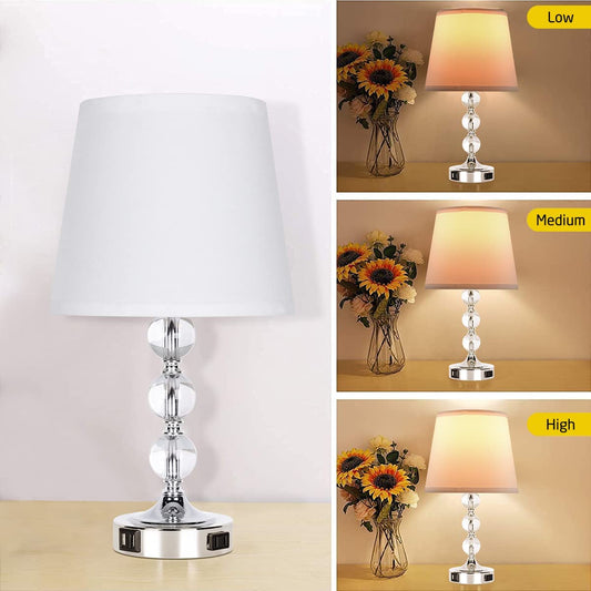Table Lamp Set of 2, Bedside Touch Control Table Lamps for Bedroom Living Room, 3 Way Dimmable Nightstand Lamp with 2 USB Ports & AC Outlet, 2700K 9W Bulbs Included(Silver).