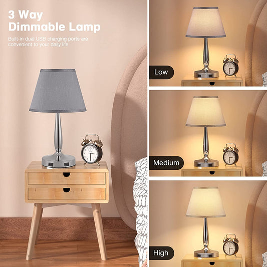 Touch Table Lamp with USB Ports - 3-Way Dimmable Small Nightstand Lamp for Bedroom & Living Room, Bedside Lamp W/ Grey Trapezoidal Shade (Assembled) & Silver/Chrome Metal Base - LED Bulb Included