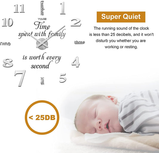 DIY Wall Clock,3D Frameless Wall Clock,Large Modern Design Decor Sticker DIY Wall Clock Kit for Bedroom Living Room Home Decorations,Adjustable Size and Easy to Assemble (Silver)