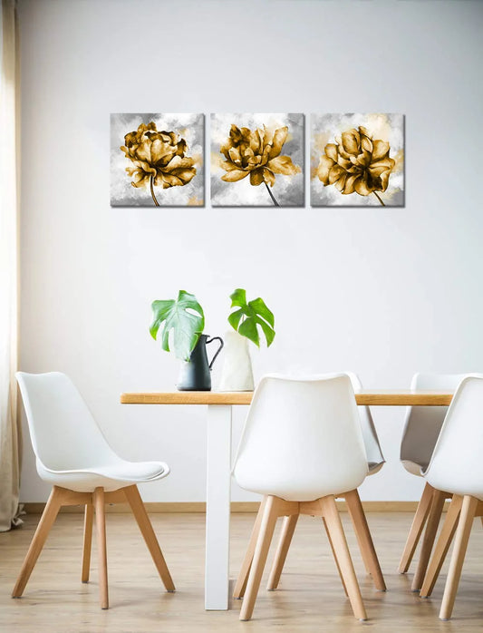 Gold Flower Pictures Wall Art Print on Canvas 3 Piece Yellow Flower Pictures Elegant Floral Art Wall Decor for Home Bedroom Gallery Wrap Easy to Hang 12"X12"X3Pcs