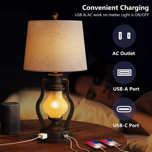Farmhouse Table Lamps Set of 2 with Nightlight, Lantern Bedside Lamp with 2 USB Port and Outlet, 24 Inch Rustic Nightstand Lamp with Tapered Drum Shade for Living Room Bedroom, Bulbs Included
