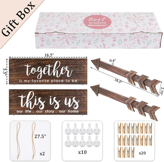4Pcs Farmhouse Rustic Wall Decor Signs, This Is Us Wooden Wall Art Sign, Together Hanging Wooden Sign and 2Pcs Wood Arrow Signs for Housewarming Gift Home Decor Living Room Bedroom Wall Decor