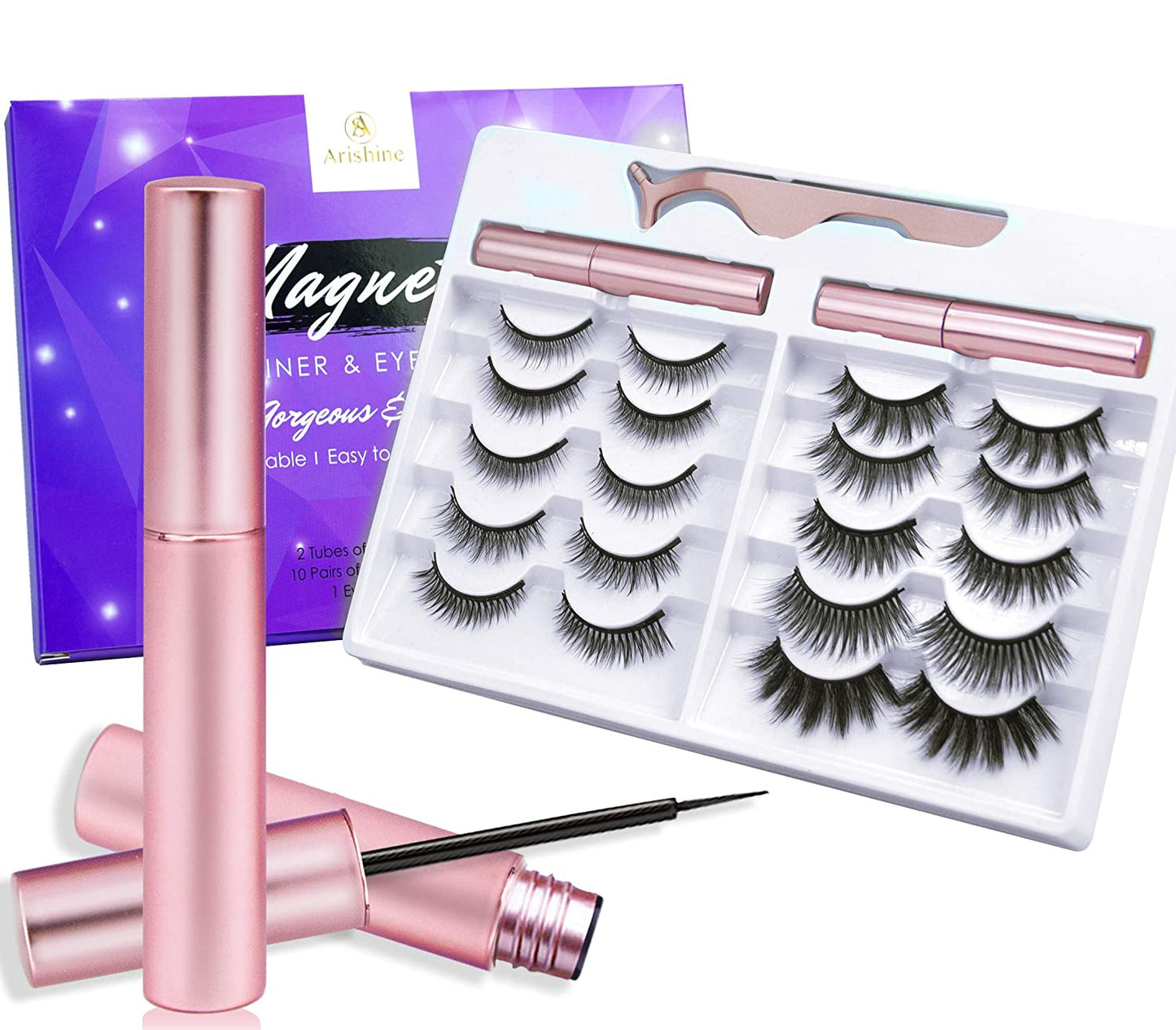 Updated 3D 6D Magnetic Eyelashes with Eyeliner Kit- 2 Tubes of Magnetic Eyeliner & 10 Pairs Magnetic Eyelashes Kit-With Natural Look & Reusable False Lashes -No Glue Need