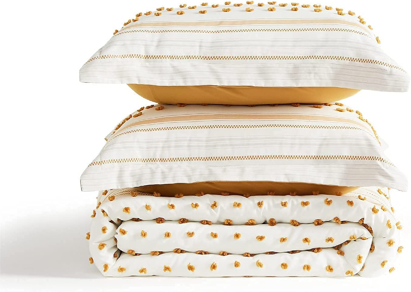 Bedsure Yellow Comforter Set King - Boho Mustard Bedding King , Reversible White Striped Tufted Farmhouse Comforter Sets (102X90 Inches, 3 Pieces)