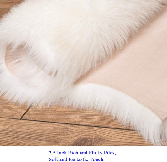 Faux Fur Rug Sheepskin Rug Runner 2'X4' Soft Sheepskin Fur Chair Couch Cover Milk White Sheepskin Area Throw Rug Runner for Bedroom Kids Nursery Living Room