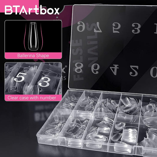 Coffin Nails Long Fake Nails - Clear Acrylic Nails Coffin Shaped Ballerina Nails Tips 500Pcs Full Cover False Nail Artificial Nails with Case for Nail Salons and DIY Nail Art, 10 Sizes