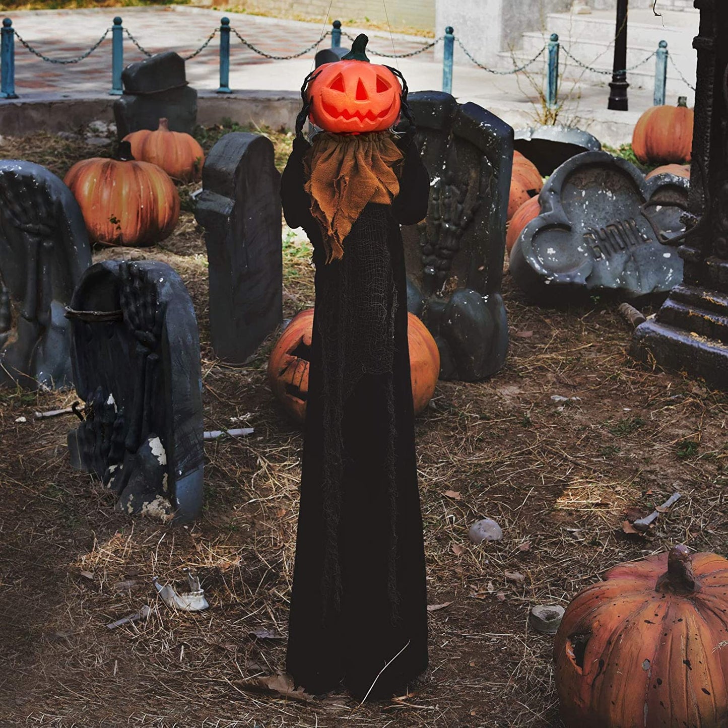 47.2" Halloween Hanging Pumpkin Ghost Animated Halloween Decorations with Sound & Light, Scary Creepy Spooky Props for Halloween Décor Outdoor, Haunted House