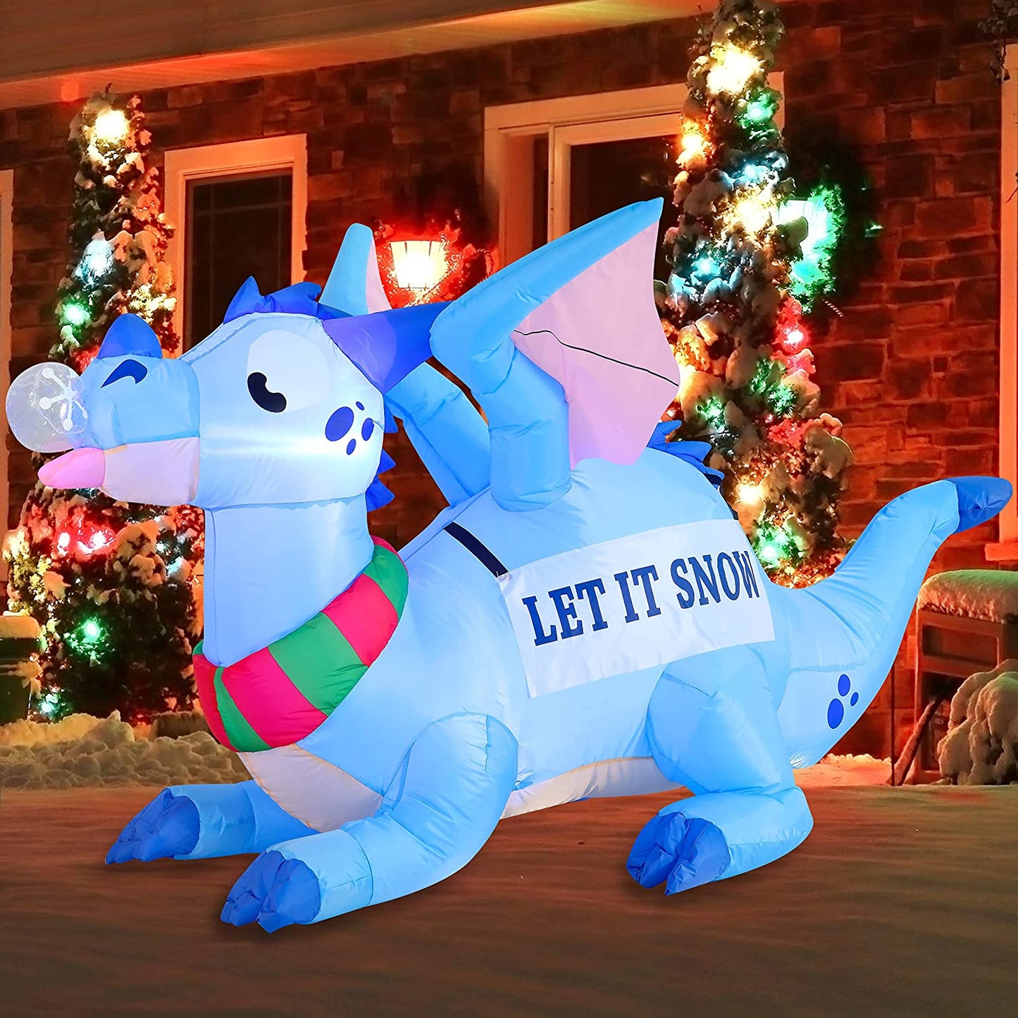 6 FT Long Christmas Inflatable Dragon, Blow up Lighted Inflatables Blue Dragon with Snowflake for Christmas Party Indoor, Outdoor, Yard, Garden, Lawn Winter Decorations