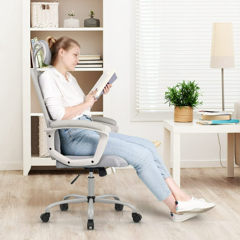 Office Chair, High Back Desk Chair Ergonomic Mesh Computer Chair with Headrest and PU Arms, Gray