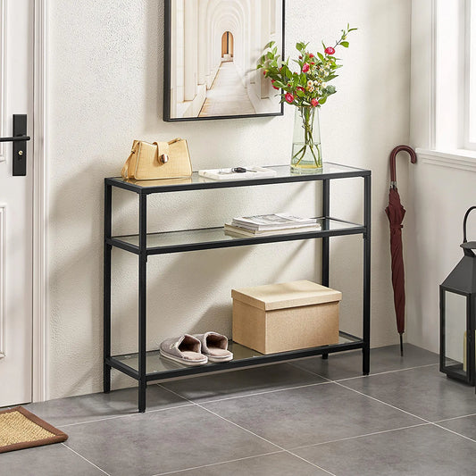 39.5" Console Table with 3 Shelves,Tempered Glass Sofa Table, Modern Entryway Table, Metal Frame for Entryway Living Room Bedroom, Easy Assembly, Black