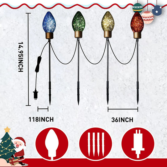 Christmas Decorations, 4PK Pre-Lit Jumbo C Bulb Pathway Markers Lights 4-Color Assorted Outdoor Stake Micro LED Light Decoration