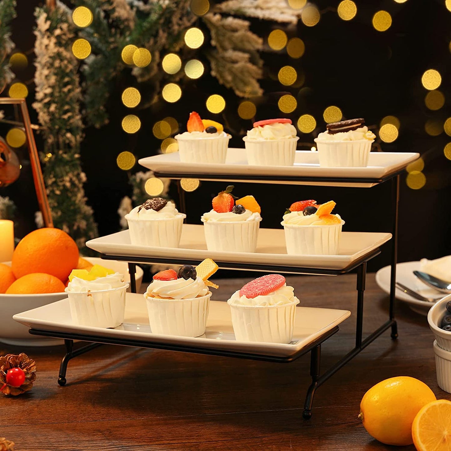3 Tier Serving Tray Set 12 Inch Porcelain Tiered Serving Trays Platters, Collapsible Sturdier Stand with Stable Cross Bars, Three Layer Serving for Party Entertaining Food Display Fruit Dessert