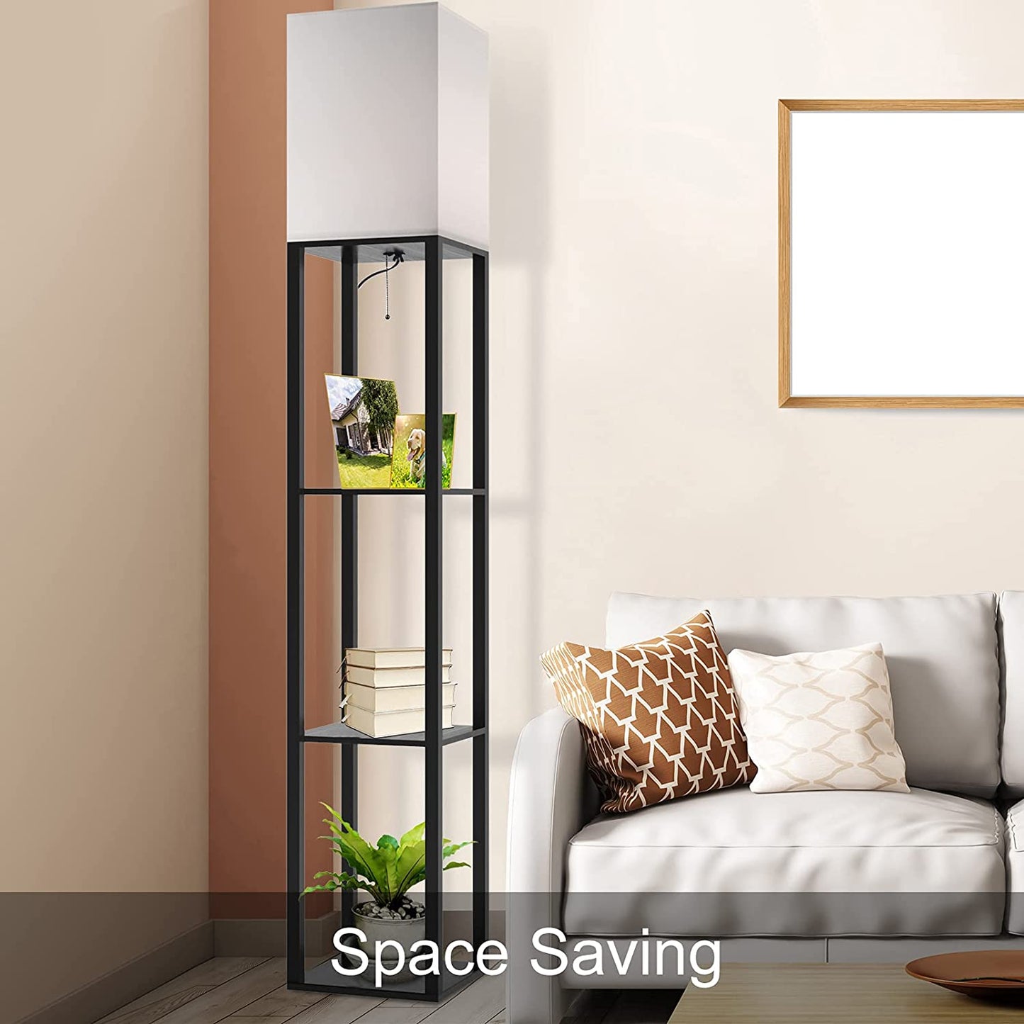 Column Floor Lamp with Shelves, Modern Shelf Floor Lamp with 9W LED Bulb, 3 Tier Storage Display Standing Reading Lamp Narrow Corner Nightstand Light for Bedroom Living Room, Black