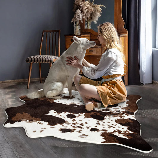 Cow Print Area Rugs Cowhide Rugs 4.6Ft X5.2Ft for Living Room Bedroom Western Decor, Cute Fluffy Cowhide Carpet Faux Fur Rug, Soft Fuzzy Rug for Home, Brown and White,(140*158Cm)