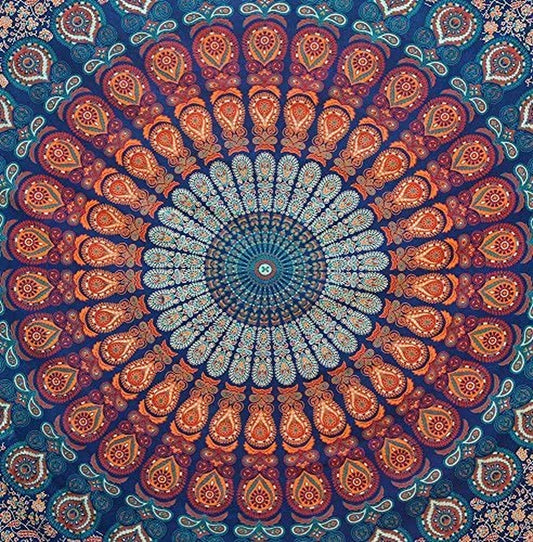 Indian Hippie Bohemian Psychedelic Golden Blue Peacock Mandala Wall Hanging Bedding Tapestry (Golden Blue, Queen (84X90Inches)(215X230Cms))