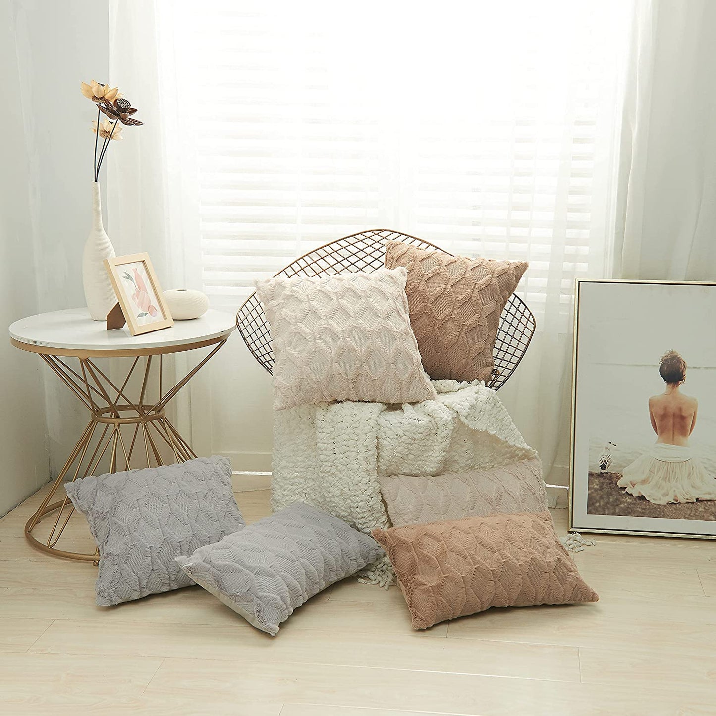 Throw Pillow Covers 18X18,Farmhouse Decorative Boho Throw Pillow Cases,Velvet Soft Plush Faux Wool Cusion Covers Pillow Shell for Sofa Couch Bed Car,Set of 2,Camel